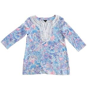 Talbots Floral Print Lace Trim Tunic Womens Size S Blue Pink 3/4 Sleeve V-Neck